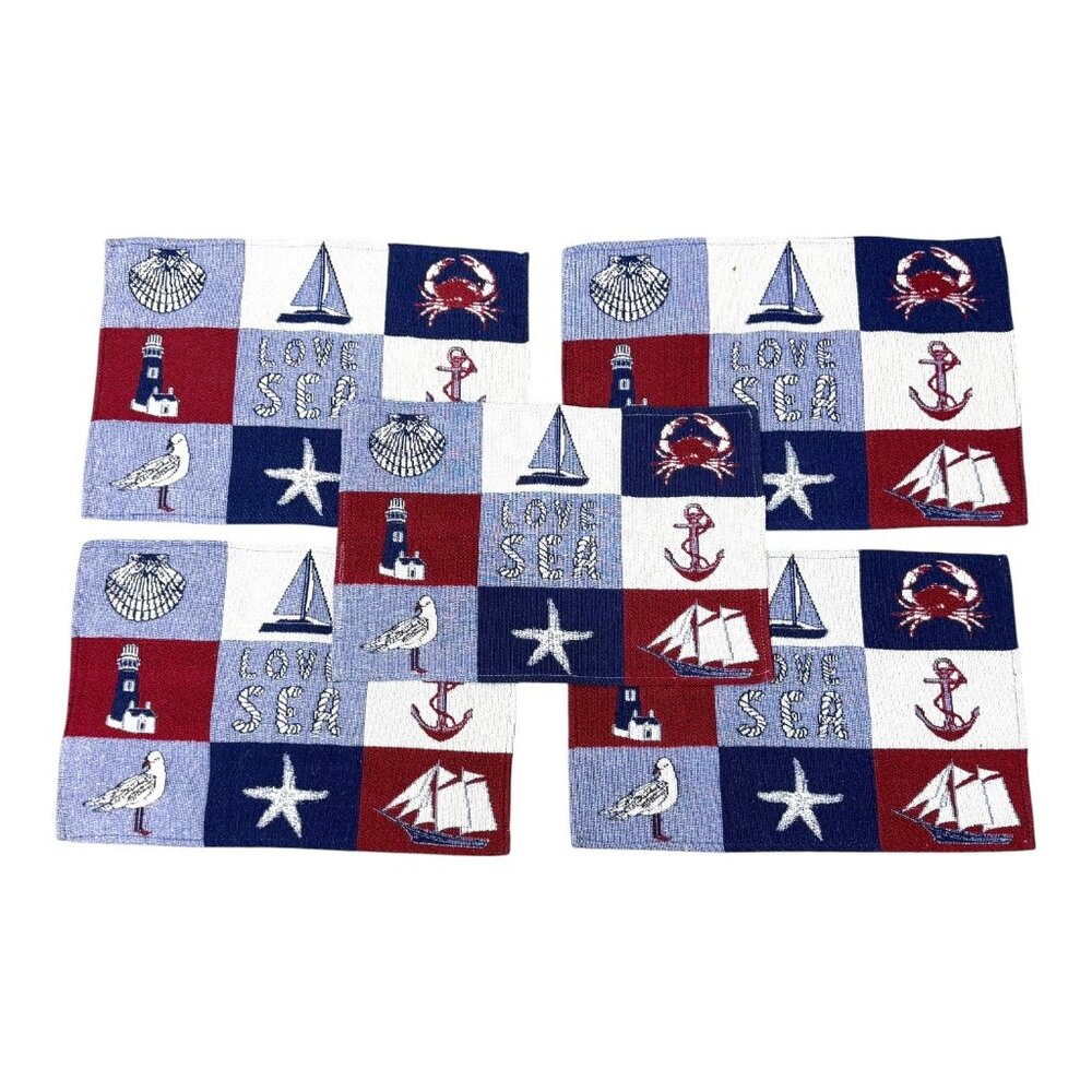 Nautical Coastal Love Sea Patchwork Placemats Set 5 Woven Maritime Beach House
